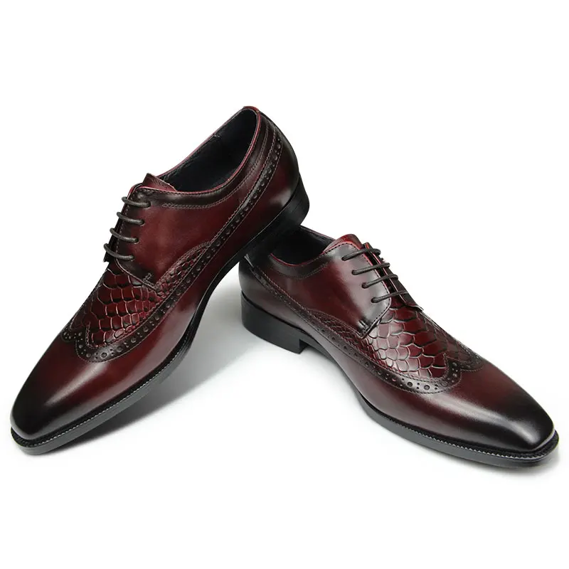 Handmade Lace Up Carved Shoe Crocodile Pattern Derby Brogue Men Dress Shoes British Designer brogue shoes banquet suit shoes