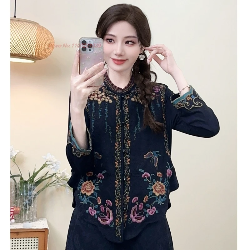 

2025 chinese vintage hanfu tops stand collar folk vest national flower embroidery cotton linen jacquard vest sleeveless jacket