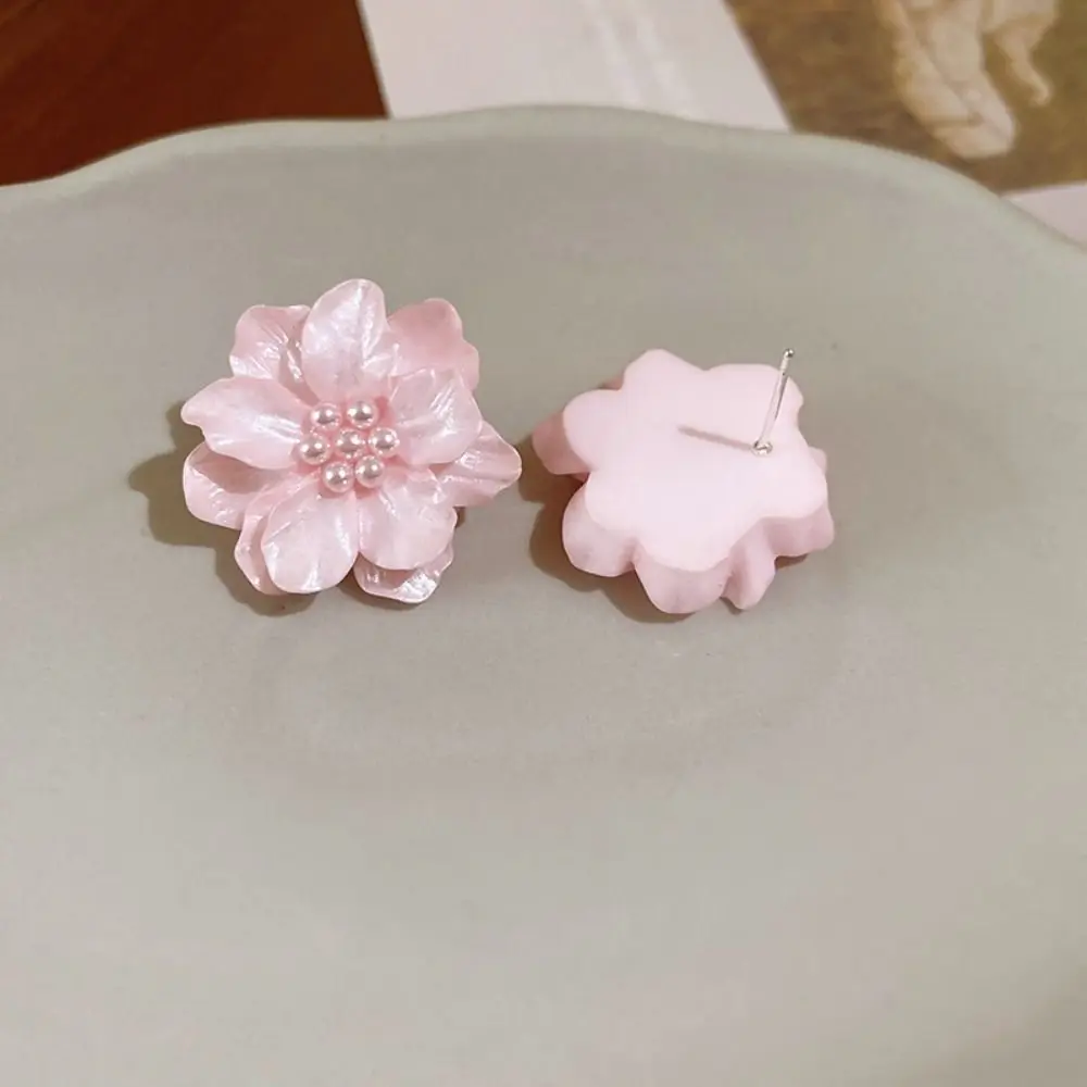 Elegant Pink Flowers Drops Earrings Acrylic Pearl Fashion Big Flower Stud Earrings Sweet Temperament South Korean Style