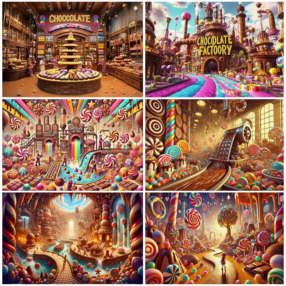Fondo con tema de exploración de fábrica de Chocolate, decoración de fiesta de cumpleaños para niños, fondo de fotografía del mundo de dulces de dibujos animados, regalo para niños