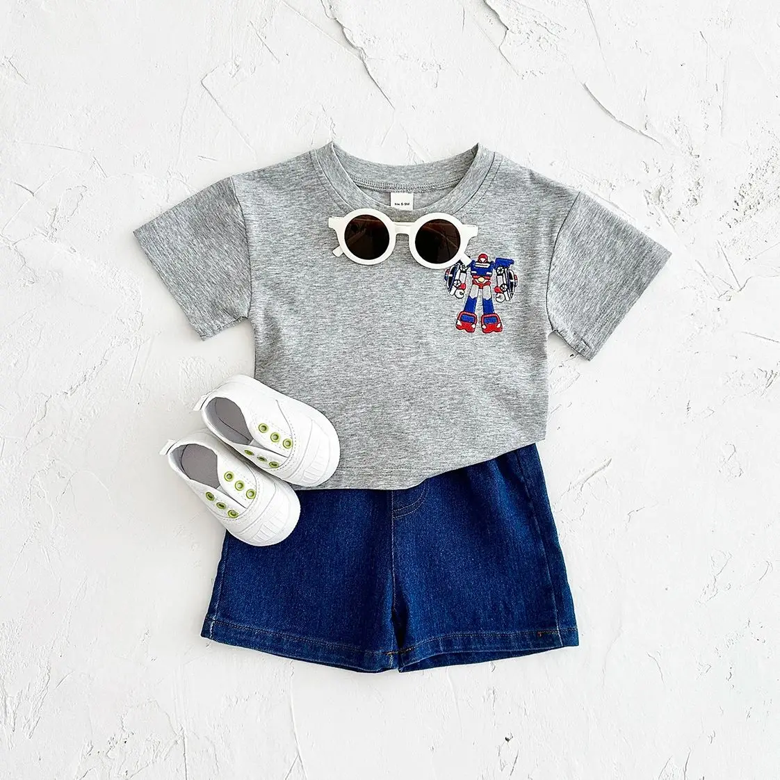 Newborn Baby Summer Clothes Boys Girls Infant Outfit Cartoon Robot Elastic Soft T-shirt Denim Shorts Childrens Clothing