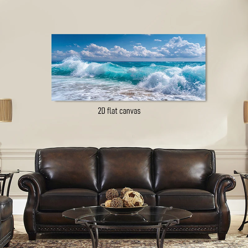 This high-definition sea view canvas decoration painting showcases the surging waves of the blue sea and the white clouds in the