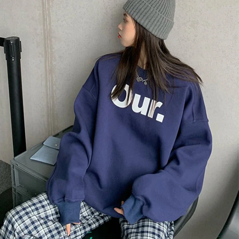 

2023 Winter Korean High Street Fashion Letter Print Sweatshirt Women Streetwear Oversized Pullover Thicken Fleece Hoodie Clothe