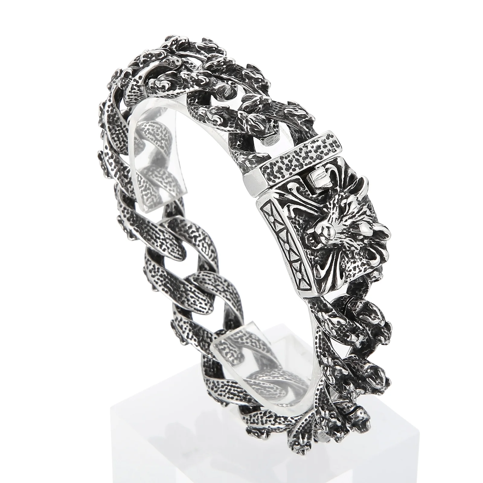 Kalen 17mm Stainless Steel Wolf Cuban Chain Bracelet for Men Punk Unique Street Party Jewelry Chunky Gothic Accessories Gift