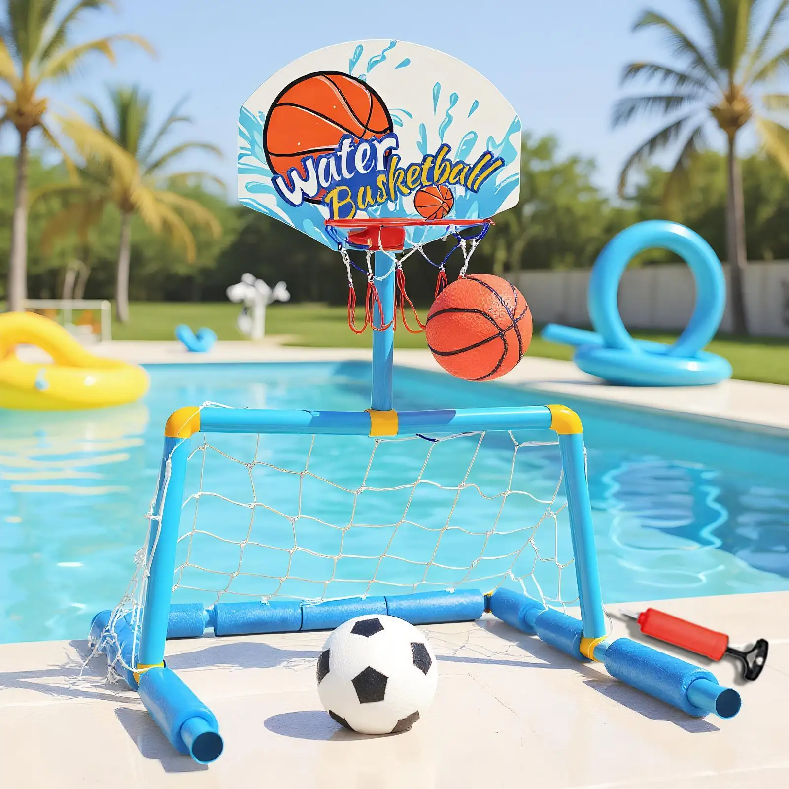 But de basket-ball flottant 2 en 1, but de Football avec 2 balles et 1 pompe, jouet interactif pour jeu d'eau, cerceau de basket-ball pour