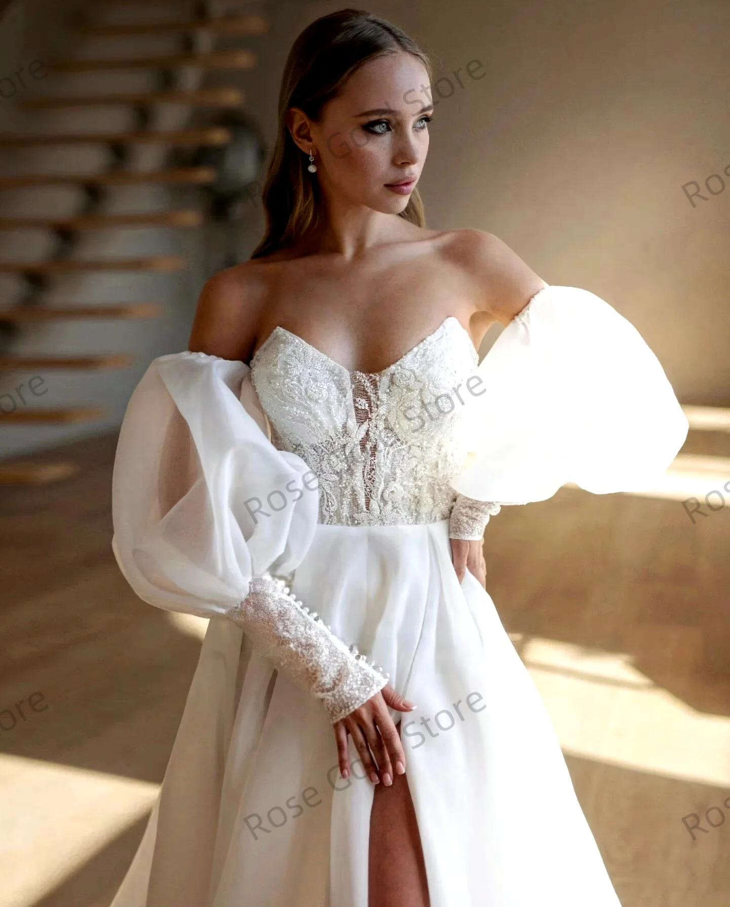 A Line White Wedding Dress Lace Appliques Detachable Puff Sleeves Tulle Boho High Slit Bridal Gown Customized Robes de Soriee