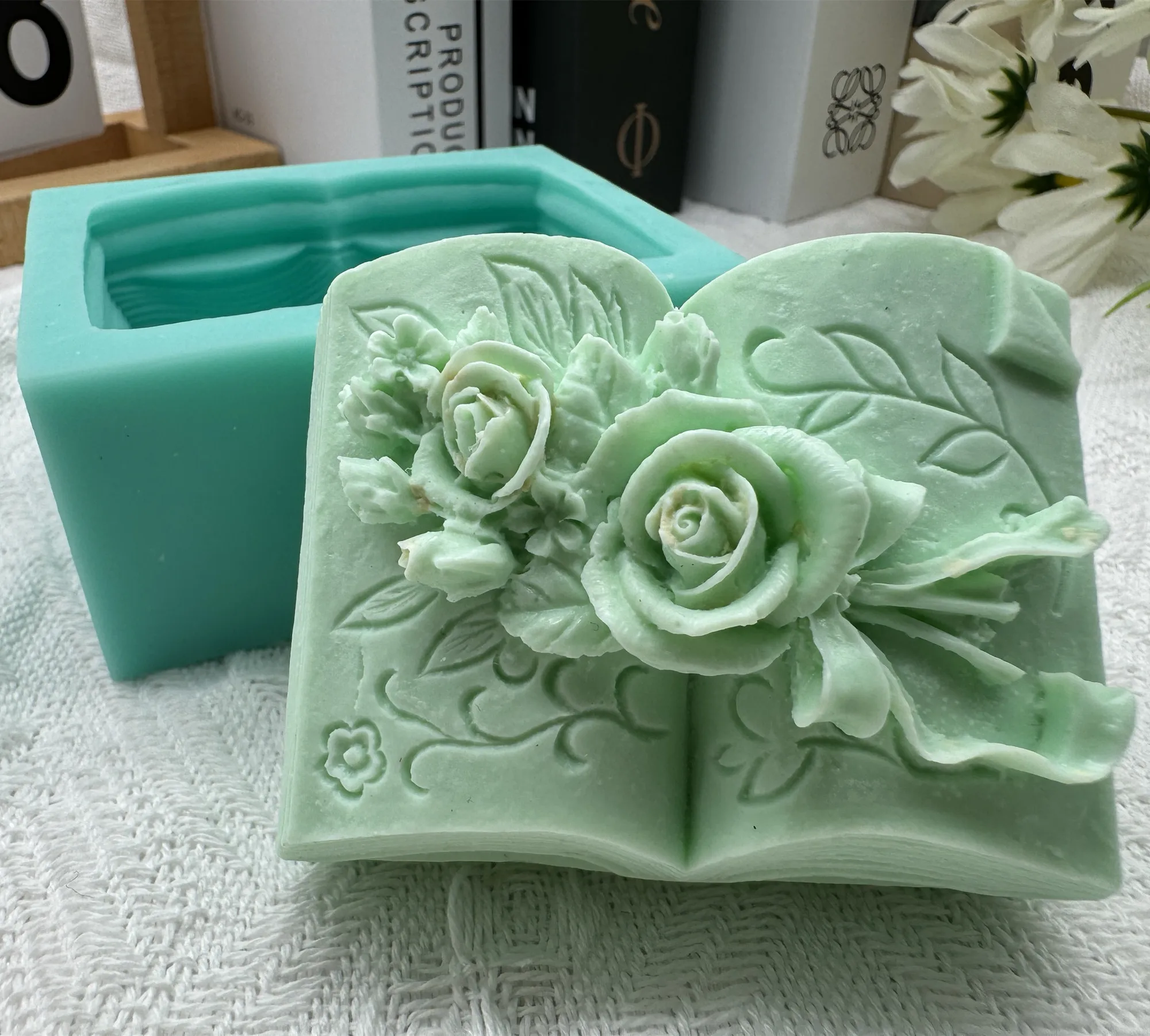 3D Book Flower Carved Silicone Soap Mold,Candle Wax Molds,Chocolate Cake Baking Mould,Plaster Epoxy Diffuser Silicone Mold