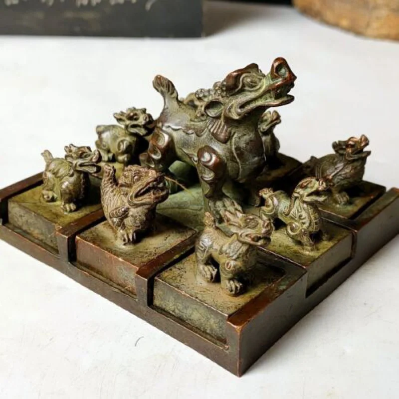 Chinese Purple Bronze Dragon Born Nine Sons Seal Statue Ornament