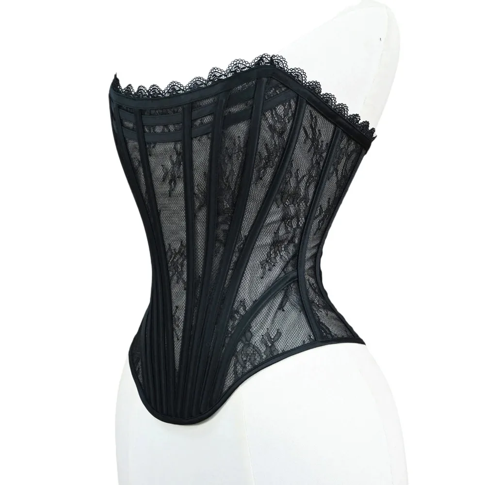 Women Luxury Corset Bustier Tops Overbust Sexy Mesh Strapless Lace Up Boned Bodice Push Up Breast For Wedding Party - Image 2