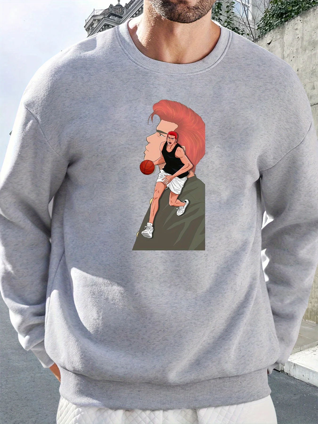 سويت شيرت كاجوال برقبة دائرية للرجال مع طباعة لاعب كرة سلة نابضة بالحياة، بلوفر فضفاض بأكمام طويلة لفصل الربيع #1