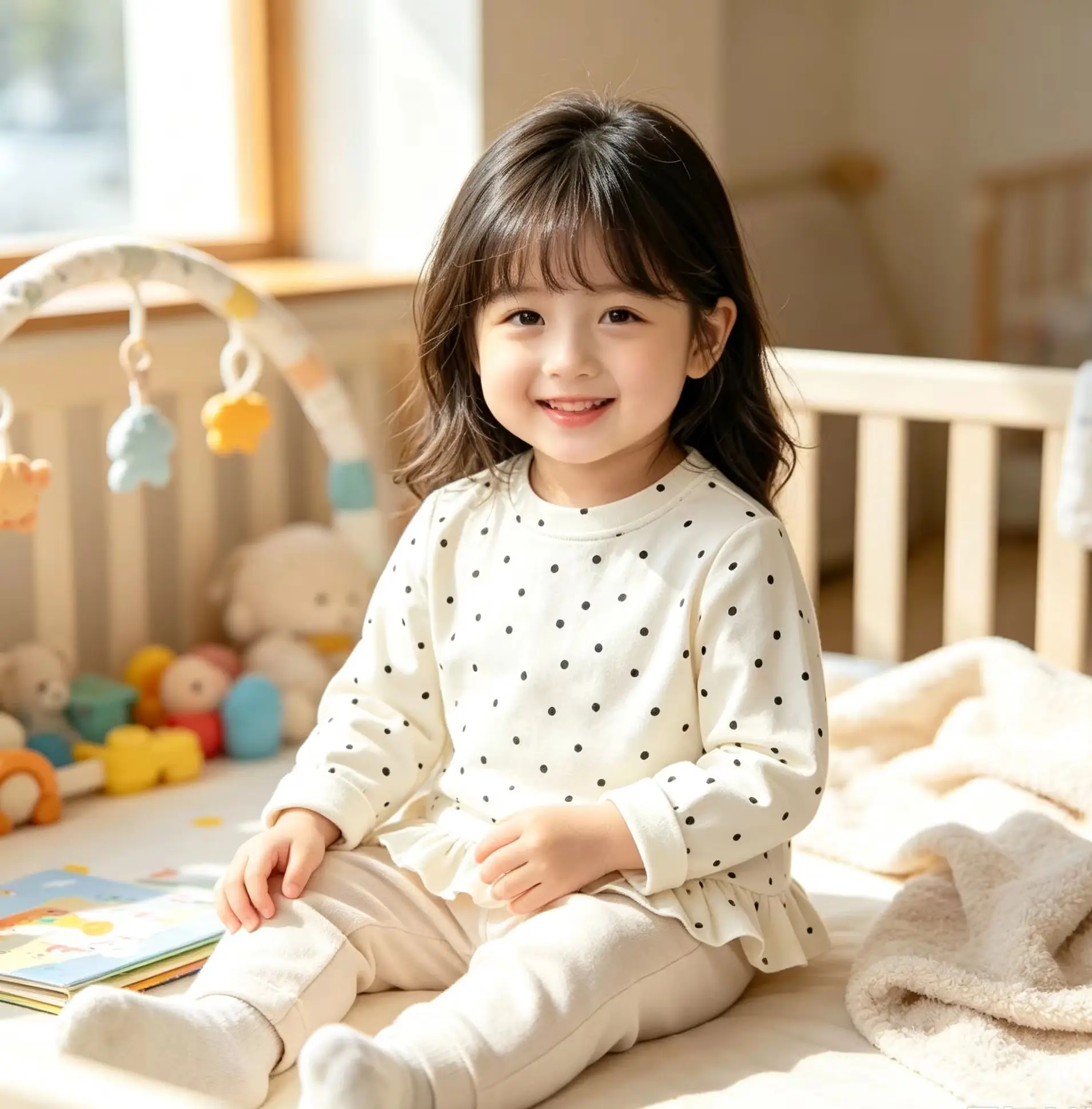 Kids polka dot crew neck long sleeve top, girls sweet ruffle loose versatile inner shirt