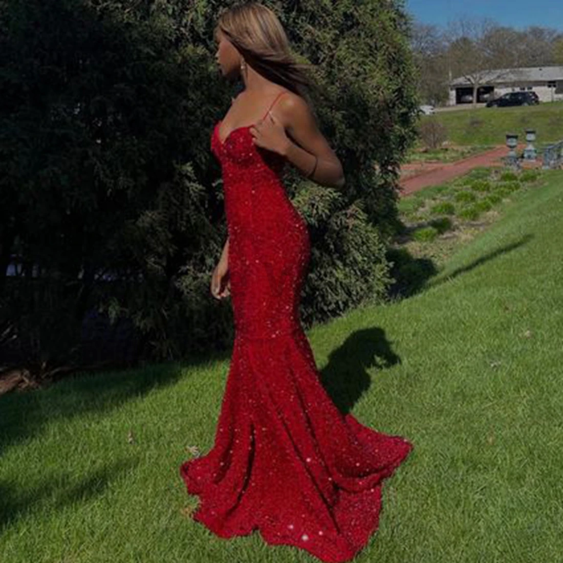 Sweetheart Sweep Train Sequin Prom Dress Floor Length Mermaid Evening Gown Customize