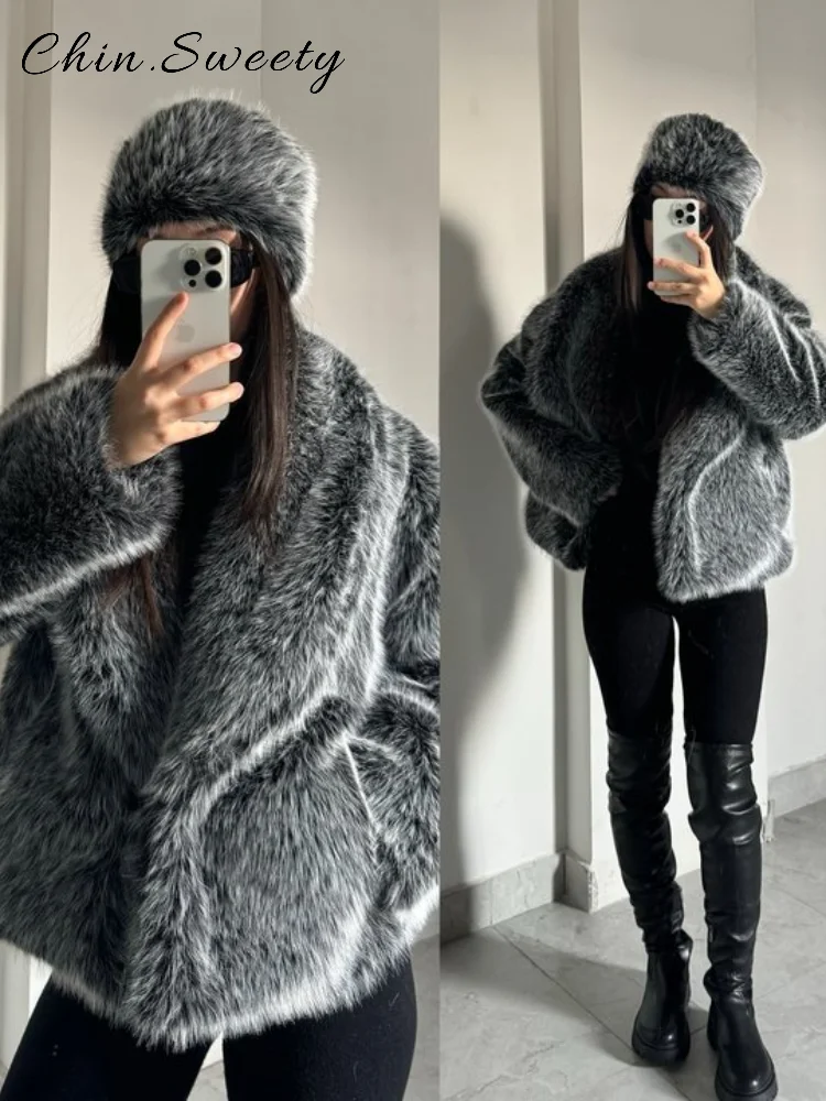 معاطف نسائية أنيقة مطبوعة من الفرو الصناعي سترة فضفاضة بأكمام طويلة وجيوب سترة سميكة لخريف وشتاء 2025 ملابس خارجية فاخرة دافئة للسيدات