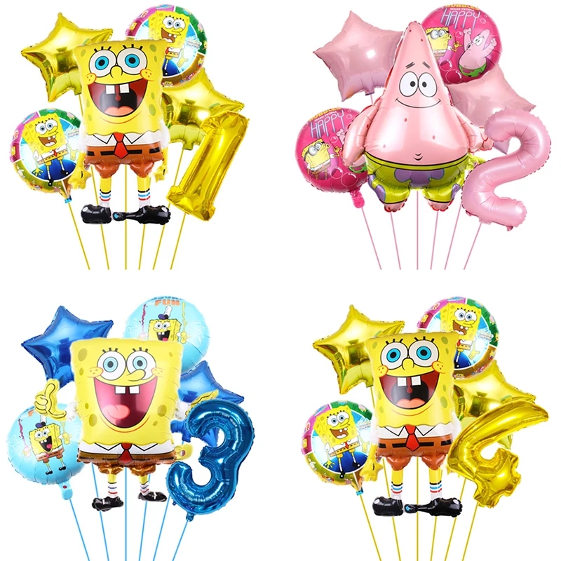 6PCS SpongeBob Patrick Star Birthday Set Foil Balloon Childrens Happy Birthday Party Background Decoration Balloon Baby Bath Toy