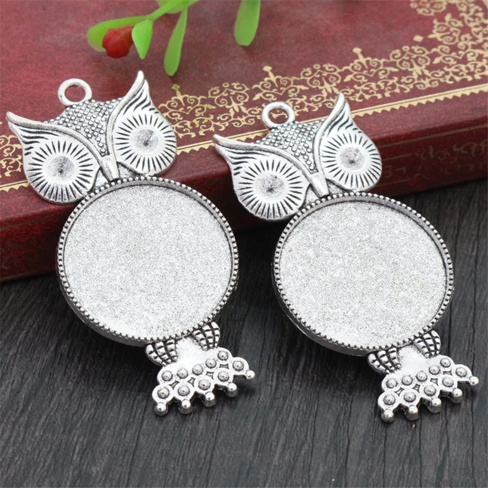New Fashion 5pcs 25mm Inner Size Antique Silver Plated Bronze Black Owl Style Cabochon Base Setting Charms Pendant