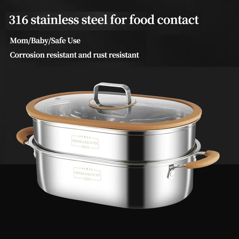 316 stainless steel fish steamer household oval multi-function thickeneded single-layer double-layer steamer electromagnetic gas universal