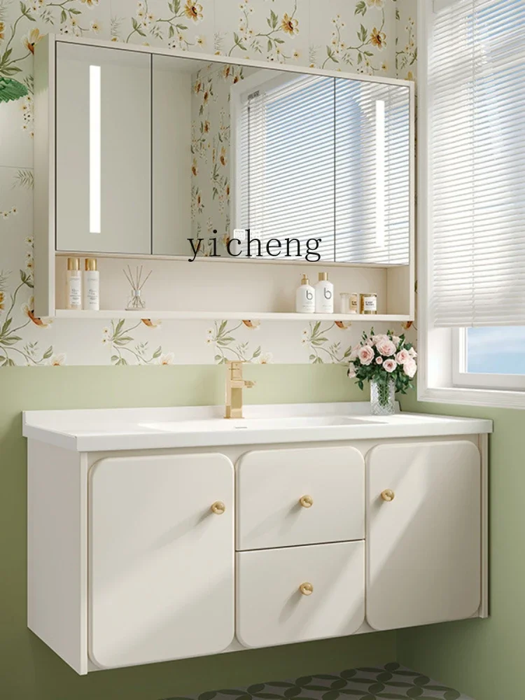 XL Smart Rubber Wood Bathroom Cabinet Combination Solid Wood Washstand Ceramic Whole Washbin Wall-Mounted