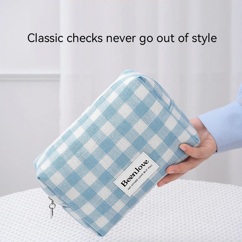 

Portable Lattice Plaid Cosmetic Bag Zipper Waterproof Travel Wash Bag Polyester Large Capacity Makeup Pouch Bathroom