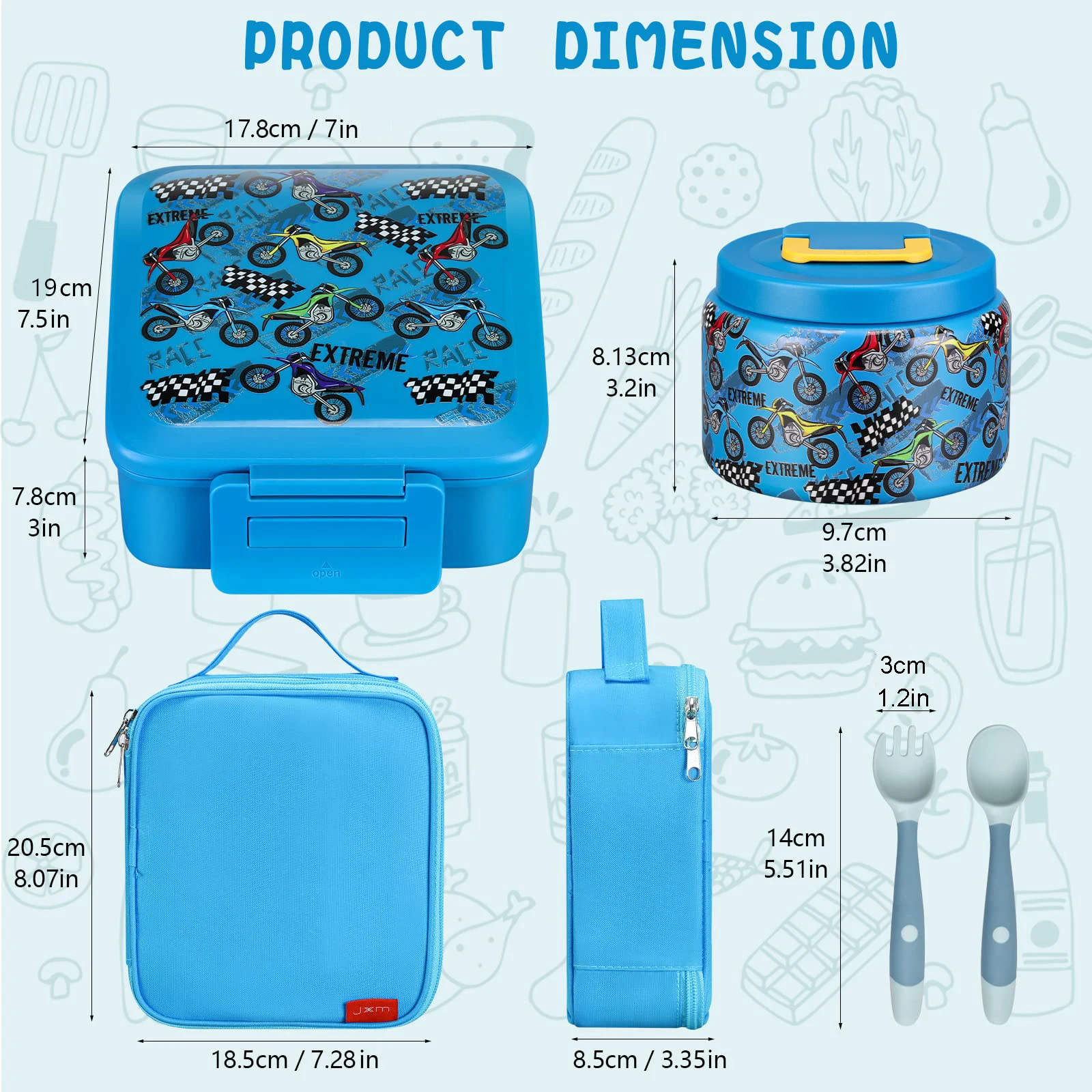 Bento Lunch Box for Kids With 8oz insulated vacuum food jar, Lunch bag, ice pack, and bendable fork&spoon, Leak-proof