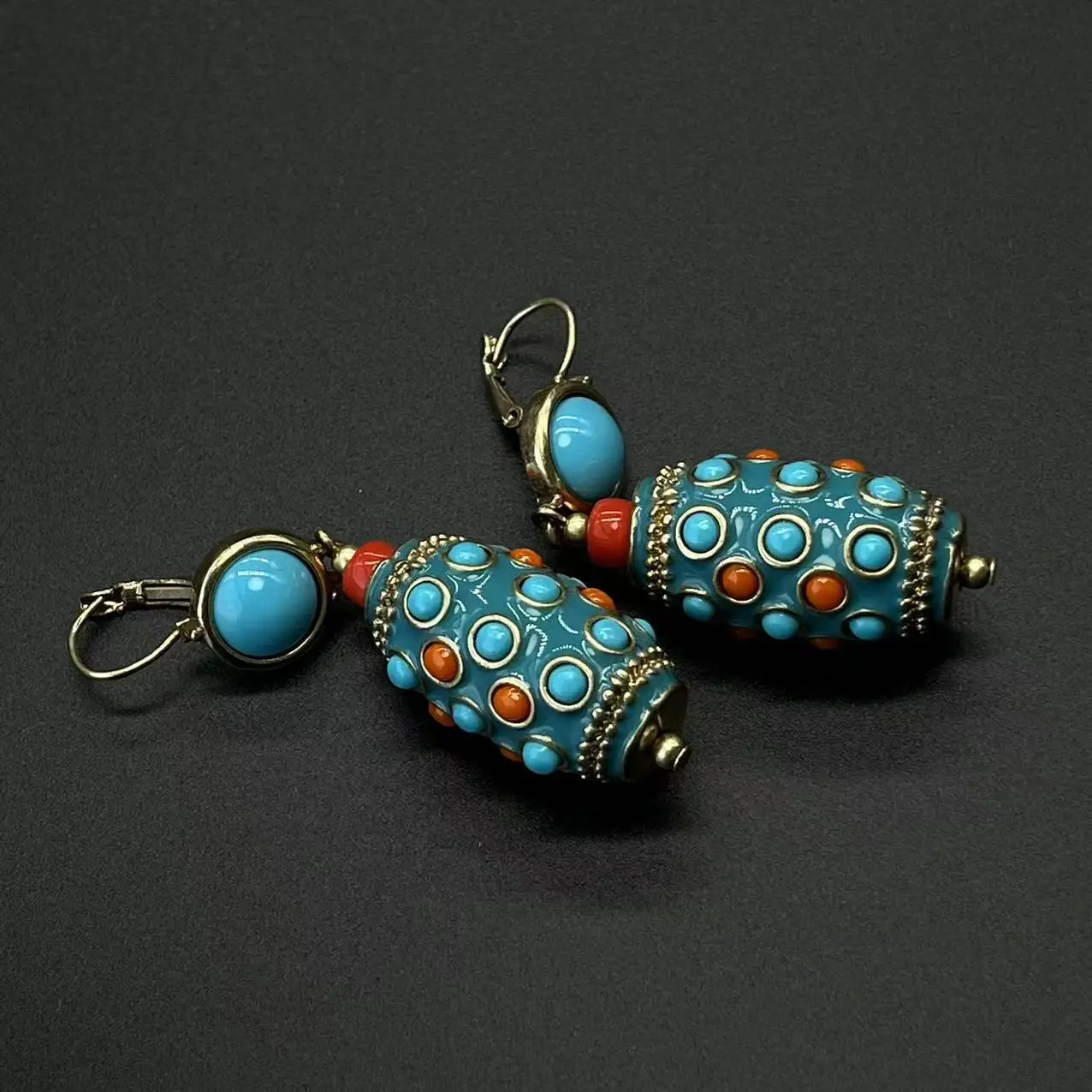 Vintage Western Retro Inlaid Nepalese Turquoise Thangka Earrings Heavy KJL Marking Ear Buckles