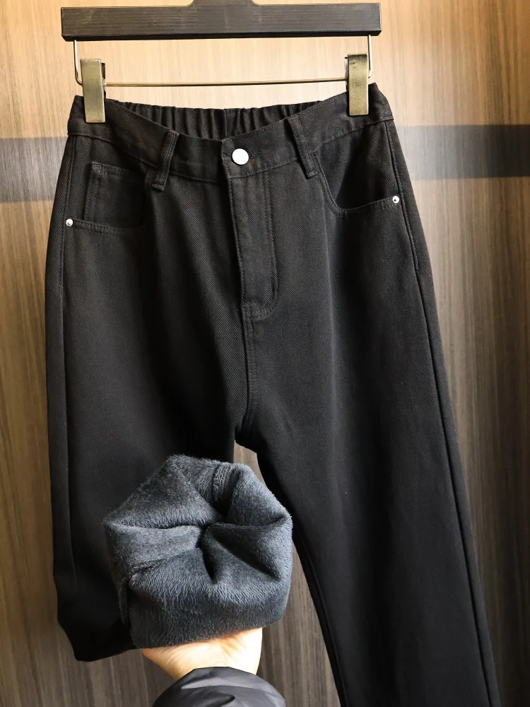 

Thiened Waed Bla Cow Winter Men's Cosite Straight Tube Jeans Faionable All-Match Velvet Jeans Casual Straight Fit