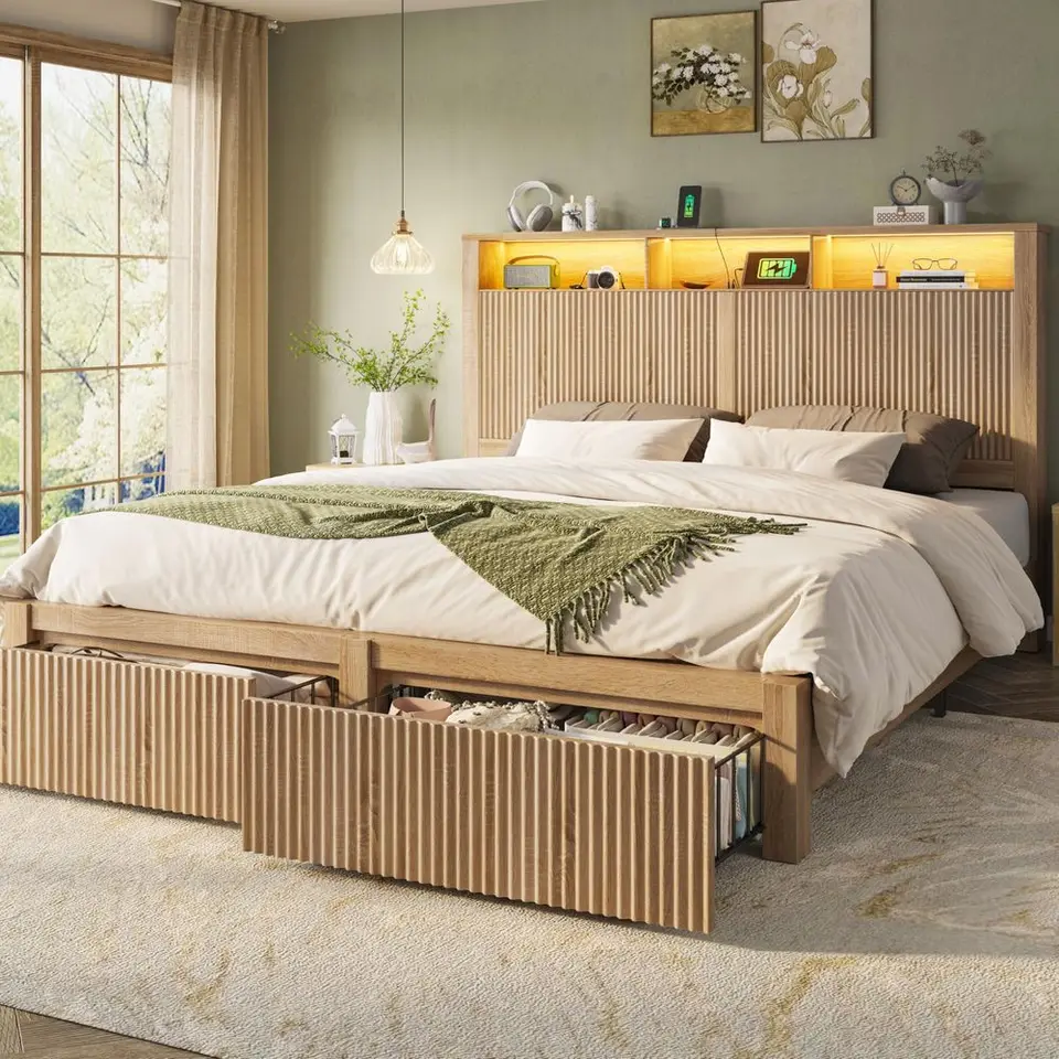 King Size Bed Frame with Storage and LED Lights