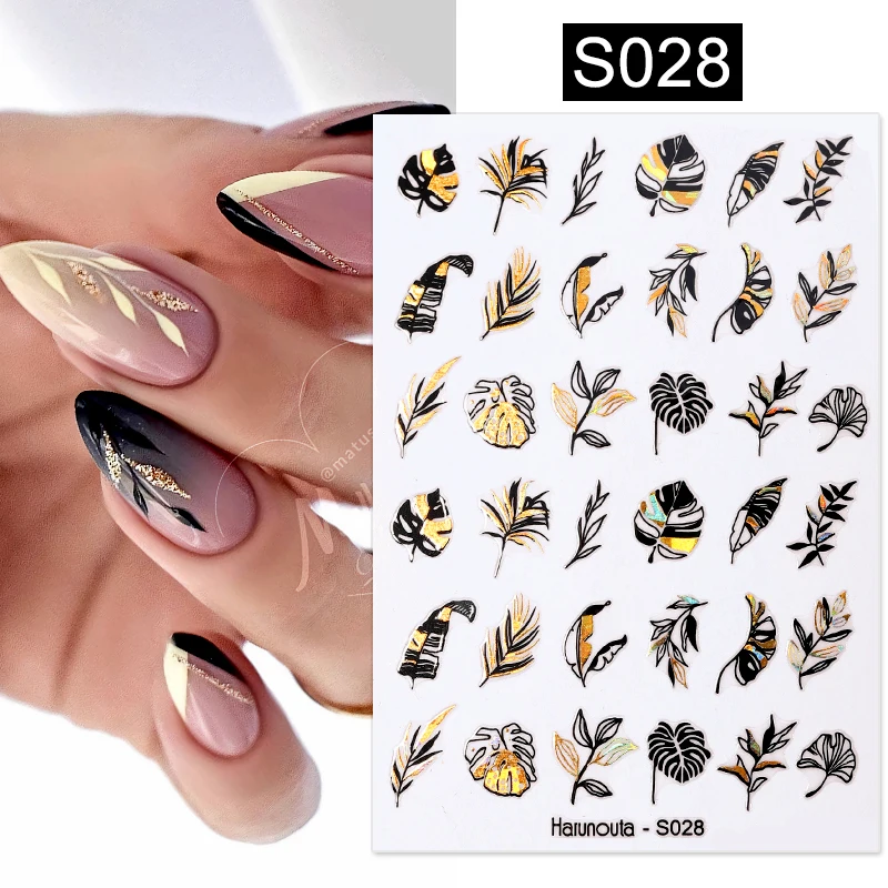 Harunouta Blooming Ink Marble 3D Nail Sticker Decals Leaves Heart Transfer Nail Sliders Abstract Geometric Line Nail Water Decal