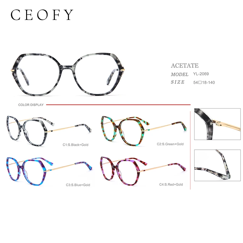 Ceofy 2024 Women Acetate Metal Glasses Frame Polygon Fashion Vintage Myopia Optical Prescription Eyeglasses Frame High Quality