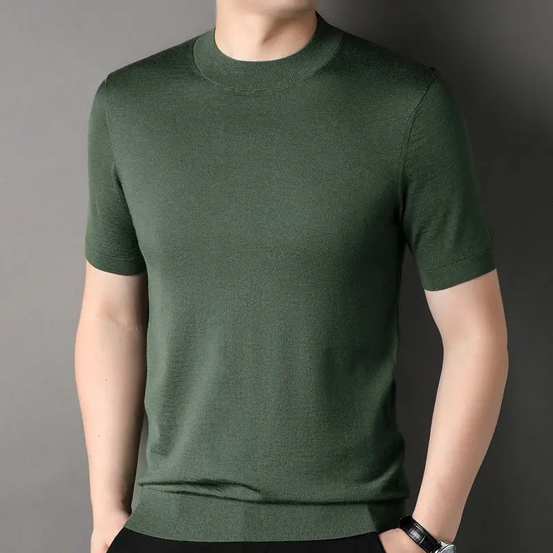 Worsted Mercerized Men Summer Short Sleeves T-shirt Versatile Fashion Male Clothing Half Turtleneck Casual Basic Knitted Tops