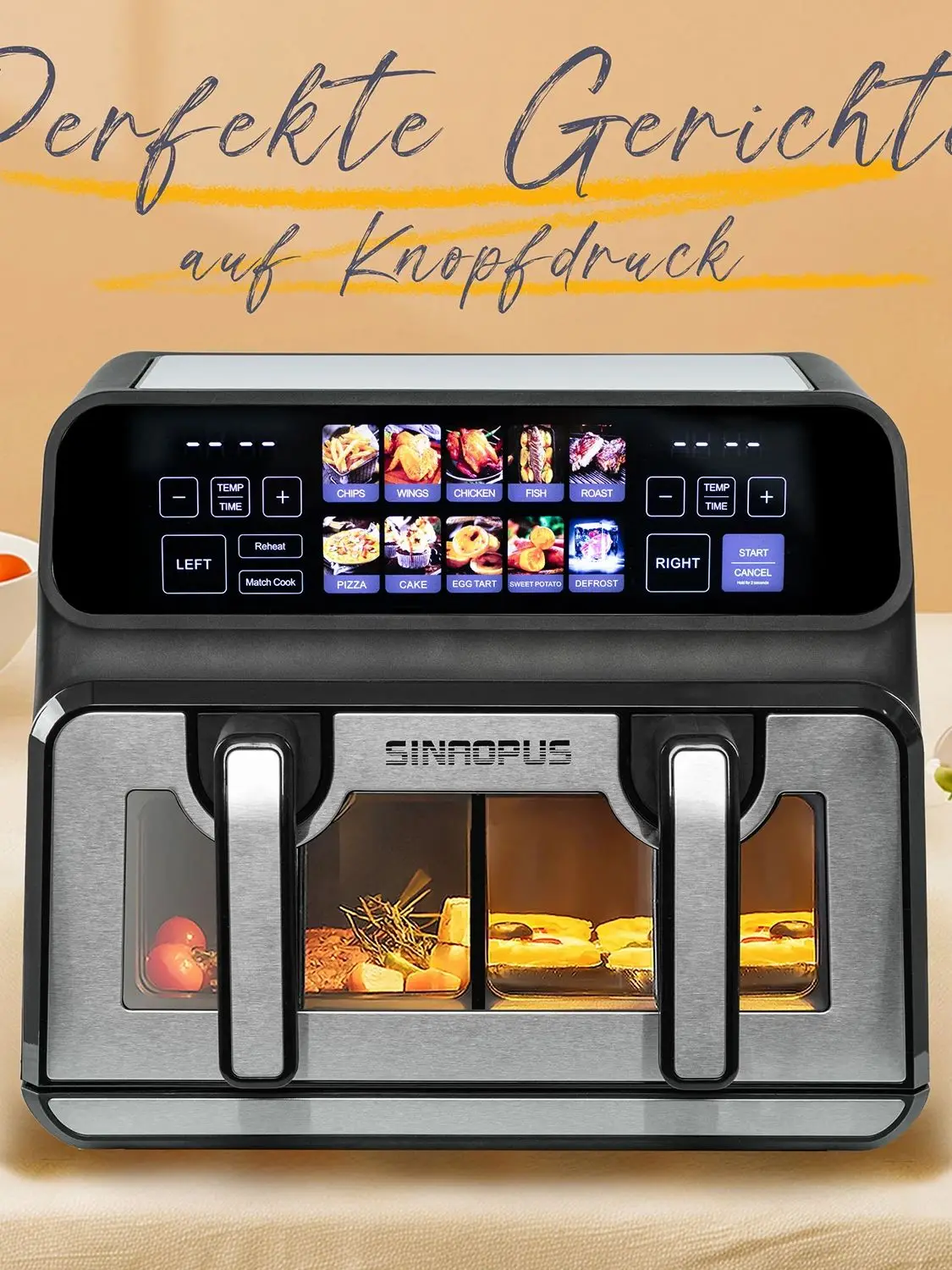Sinaopus 2200W Heißluftfritteuse 9L mit Doppelkorb, Ölfreier Kocher, LED-Touch-Steuerung, Sichtfenster, 10-in-1 Multifunktion, Familien-Smart-Ofengröße
