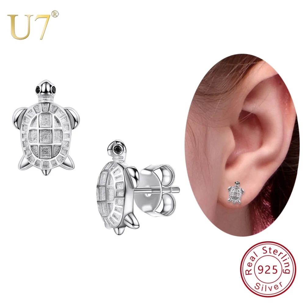 

U7 925 Sterling Silver Tiny Cute Tortoise Stud Earring for Woman Animal Charm Push Back Type Chic Daily Jewelry