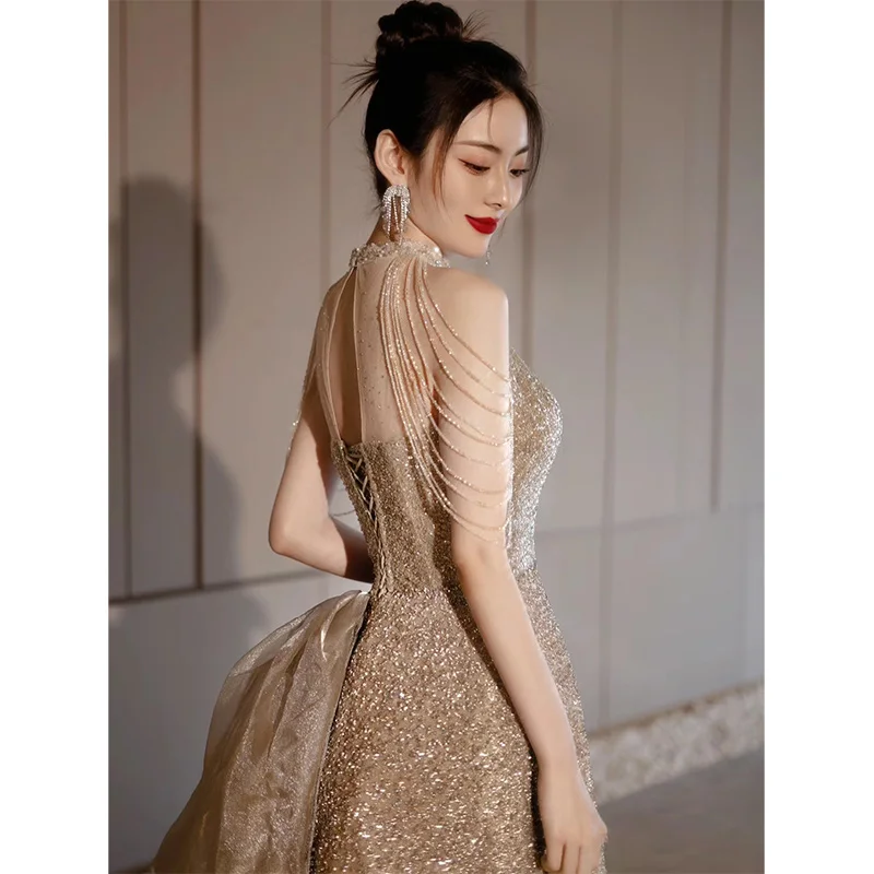 Luxury Halter Prom Dresses With Beads Sexy Backless A-Line Floor-Length Shiny Sequin Gala Dresses For Red Carpet