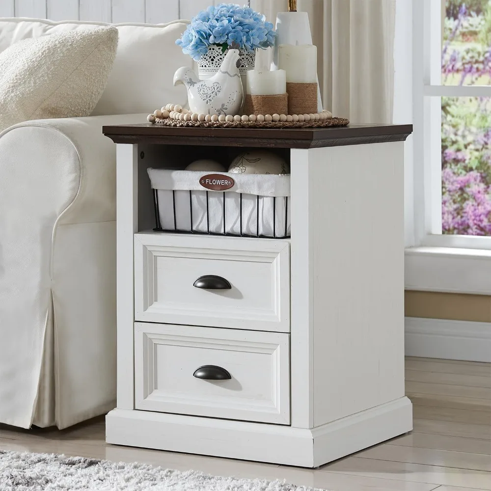 

Nightstand with Charging Station, Farmhouse 18" Wide End Table with 2 Storage Drawers, Wood Rustic Side Table w/Open Shelf