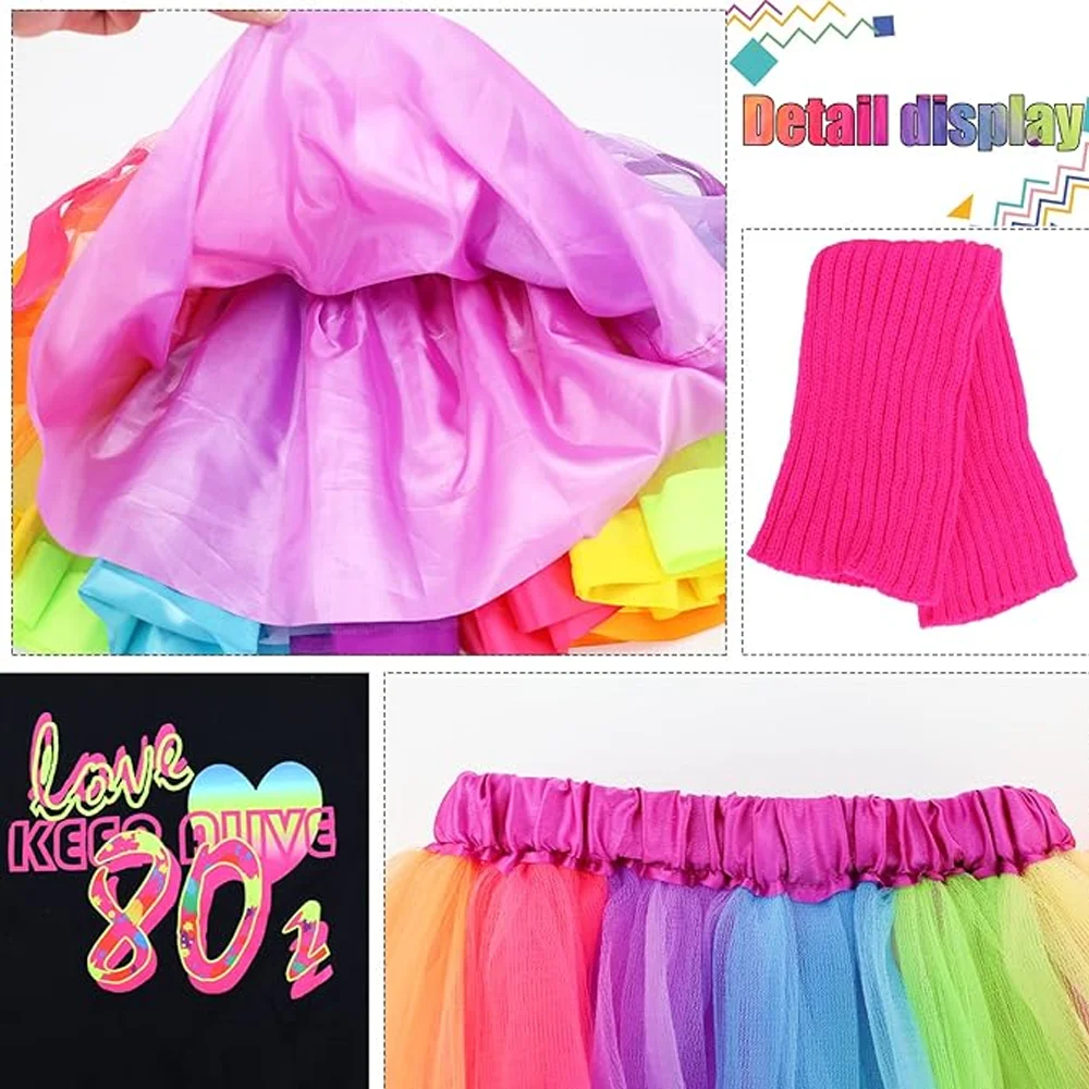 80s Costume Cosplay Kids Girl T-Shirt Rainbow Tutu Skirt Neon Accessories Glasses Halloween Carnival Themed Party Disco Disguise - view 5