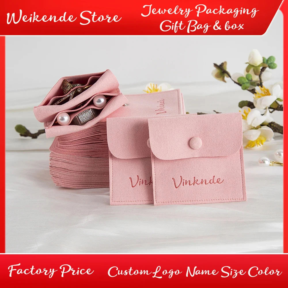 

Custom Logo Microfiber Jewelry Packaging Bag Snap Button Pouch Necklace Earring Ring Storage Wedding Favor Bags With Compartment