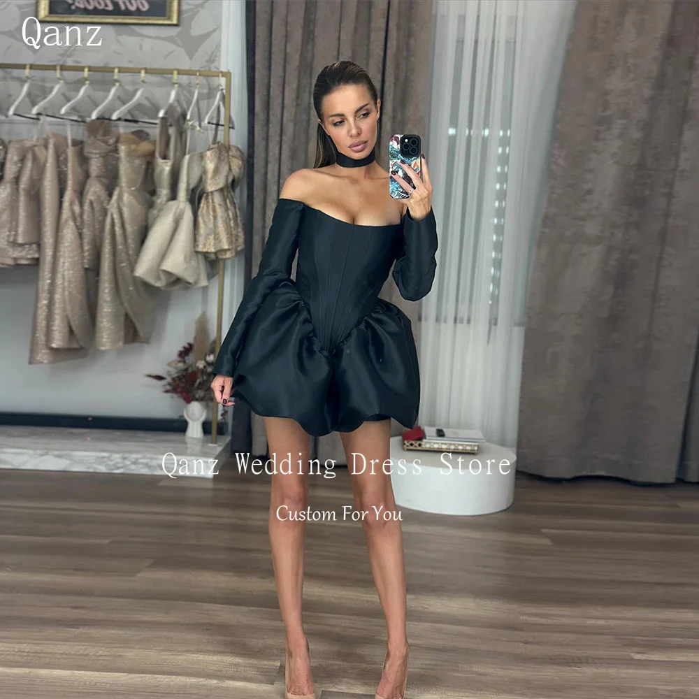

Qanz Black Satin Mini Prom Dresses Long Sleeves Short A Line Vestidos De Festa Puffy Birthday Party Gowns Women Customized