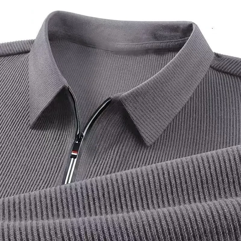 Business Casual Men Polo Shirts Spring Autumn Solid Lapel Half Zipper Streetwear Fashion Office Social Long Sleeve T-shirt Tops