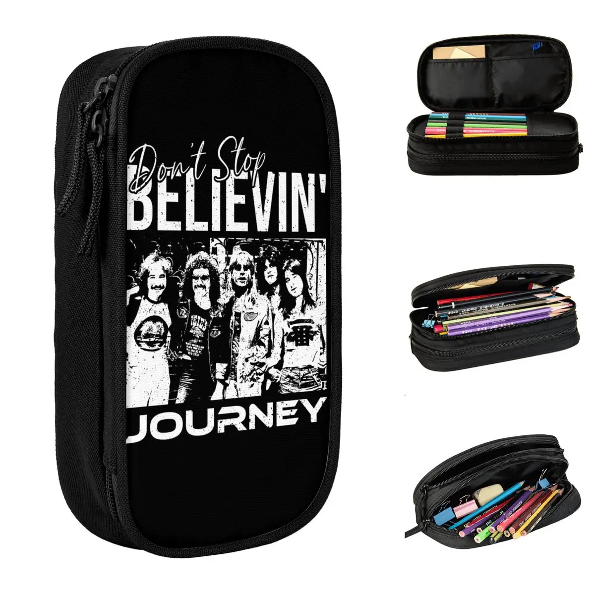 Journey Rock Band Don't Stop Believin Pencil Case Double Layer Large Capacity School Accessories 80s 90s Pen Case Birthday Gift