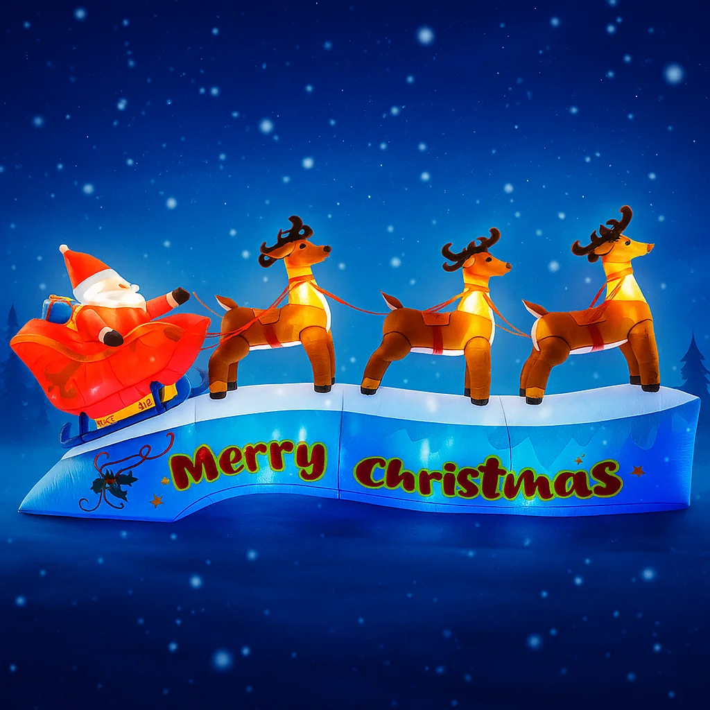 11.8FT Xmas LED Lit Home Ornament Yard Party Decoration Inflatable Santa Sleigh Reindeer Christmas Supplies Festive Gift Toy