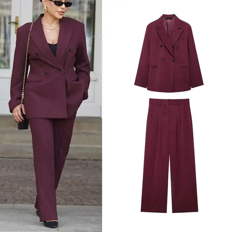 Autumn Winter New Arrival Women's Double Breasted Red Suit Jaet High Waist Wide Leg Casual Pants Career Women's Outfit