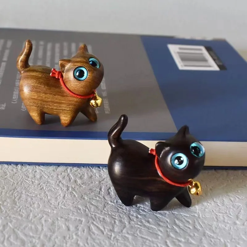 Green Sandalwood Eyed Curious Cat Figurine Black Sandalwood Carved Cat Cute Desktop Ornament Creative Gift For Men Women