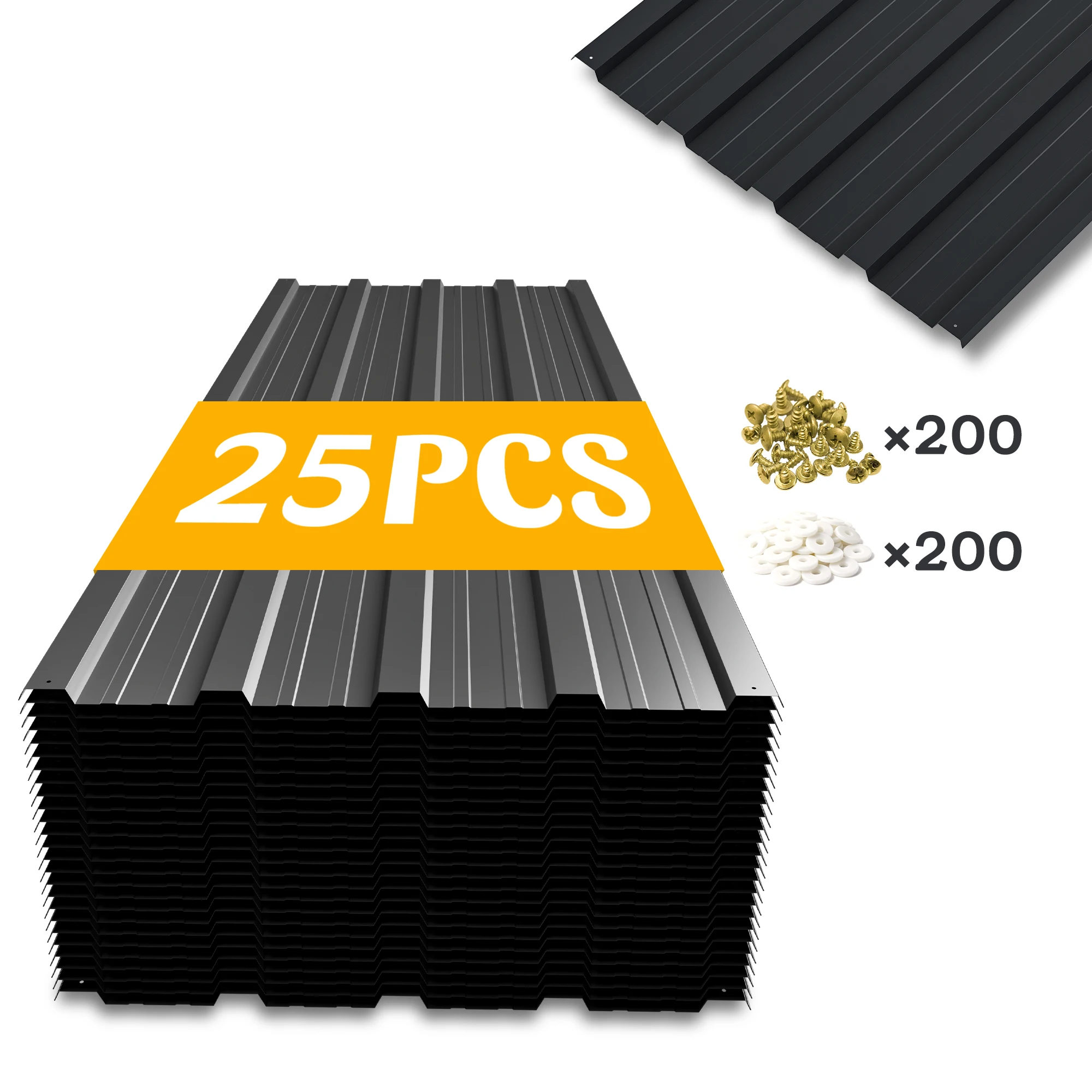 Corrugated Galvanized Metal Roof Panels 25 Pcs Roofing Sheets with 200 Nails Black/Gray for Shed Garage Carport Patio Greenhouse