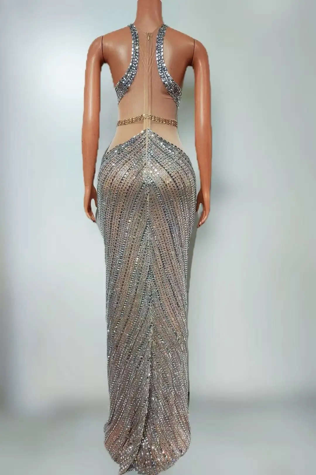 Luxuriours Abito lungo con strass per donna Maglia sexy trasparente da sera Evento di ballo Festeggia il compleanno Abito da servizio fotografico