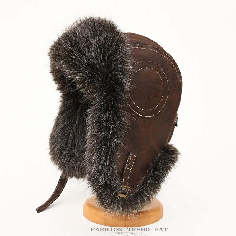 

Bomber Hats Winter Men Russian Ushanka Hat with Ear Flaps Pu Faux Leather Long Fur Trapper Cap Thickened
