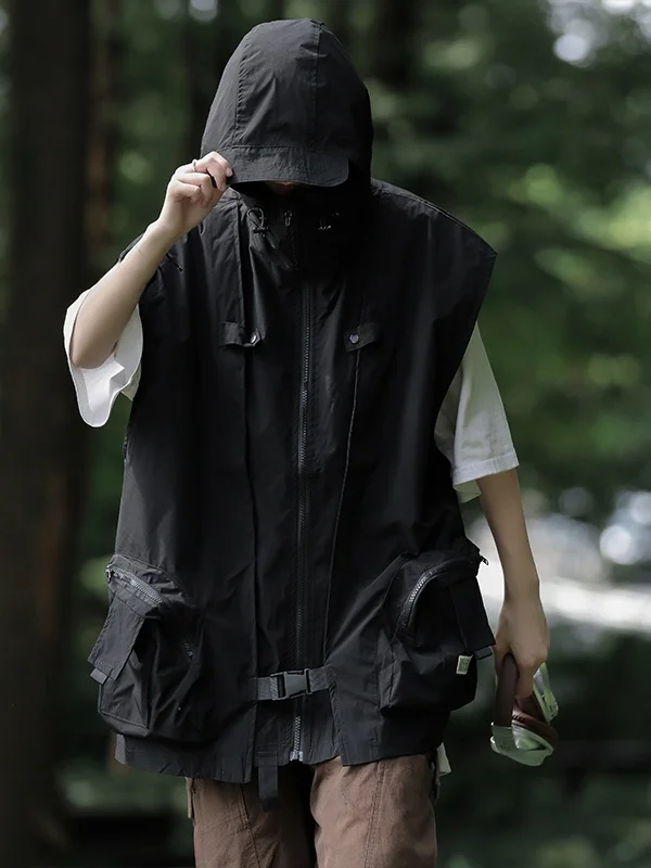 

Trendy Loose Fit Outdoor Men's Vest Jaet Hooded Casual Workwear Sle Ox Cloth Four Seasons ex Faion Zipper Closure