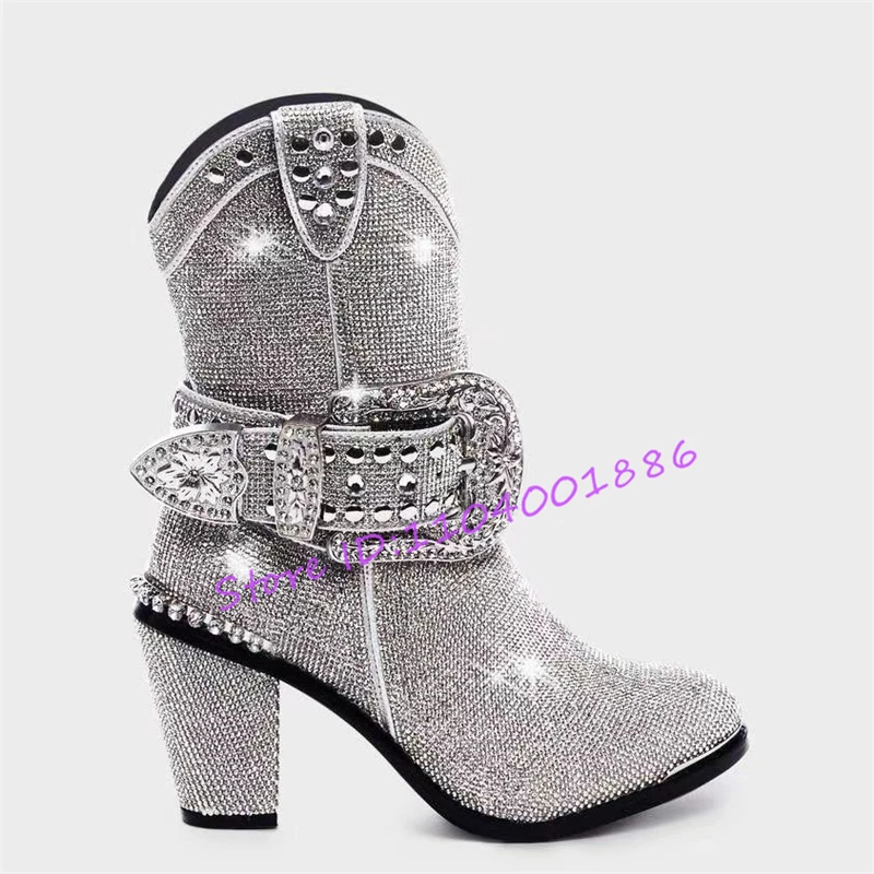 

Silver Luxury Thick Heel Calf Boots for Women Bling Rhinestone Rivets Metal Buckle Side Zipper Short Booties Sexy Female Shoes