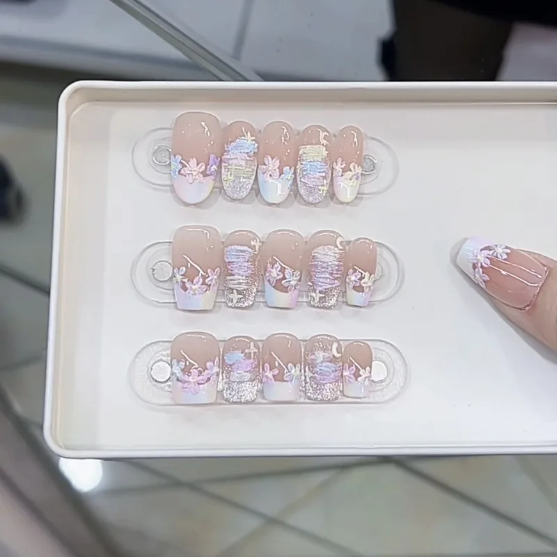 اليدوية لصقها الأظافر نعش الصحافة على الأظافر الاكريليك الربيع الصيف مسمار نصائح متعدد الألوان الزهور الأظافر كاذبة مع صندوق وأدوات