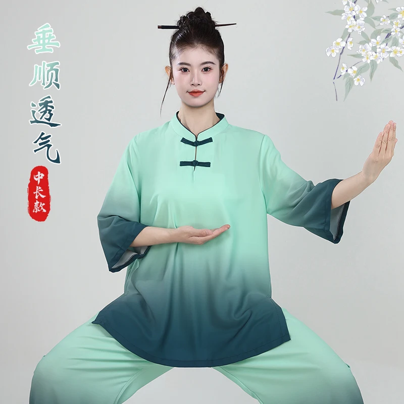 

2025 New Short-Sleeve Tai Chi Suit, Teal Ombre Chinese Style Baduanjin Uniform, Unisex 3/4 Sleeve Martial Arts Top