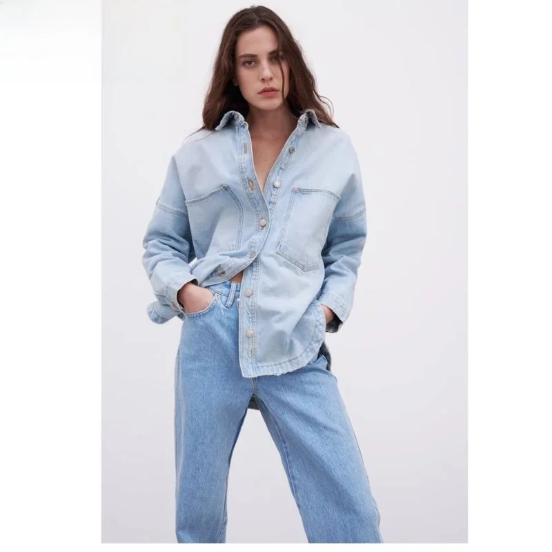 Spring 2024 Women's plus Size Denim irt Jaet Versatile Outerwear Long Sve  Collar Button Closure Regular Fit Pure ...