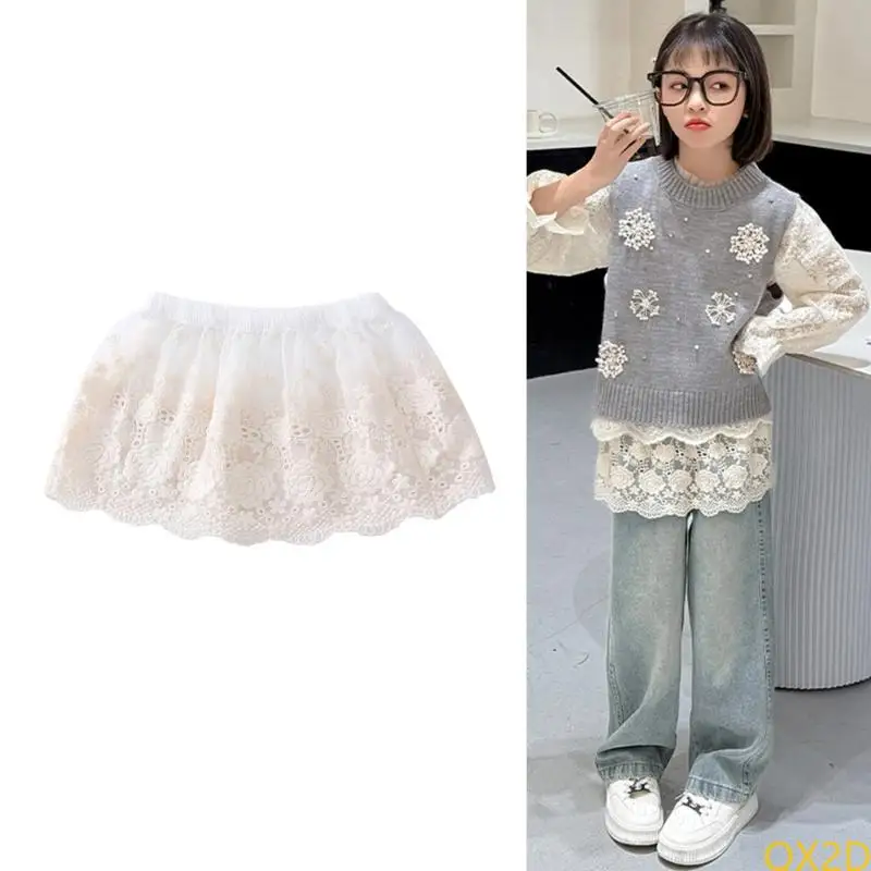 QX2D Elegant Lace Skirt For Girls Soft Fart Curtain with Embroidered Floral Design